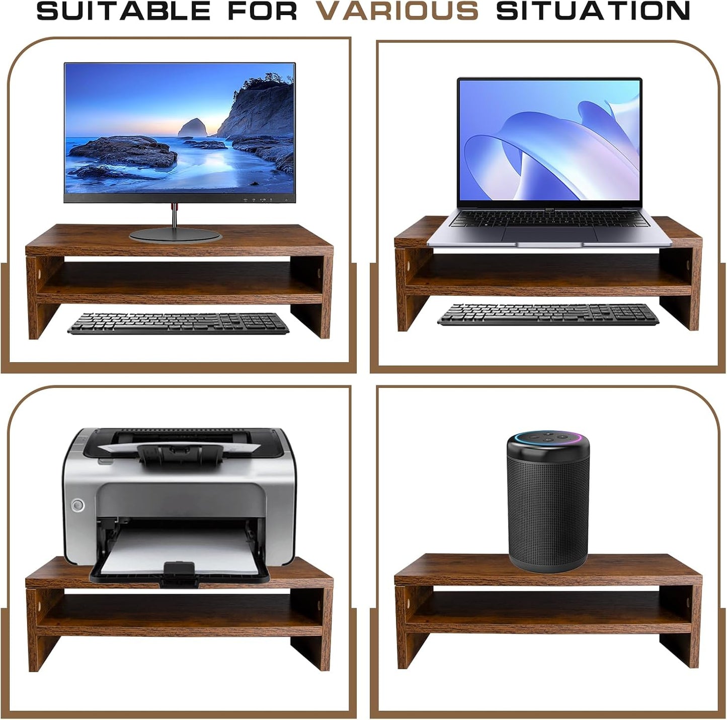 Monitor Stand Riser, 2 Tier Computer Stand, Desk Organizers and Accessories, Desktop Shelf with Storage for TV Screen PC Printer (Rust Brown-18.9inch)