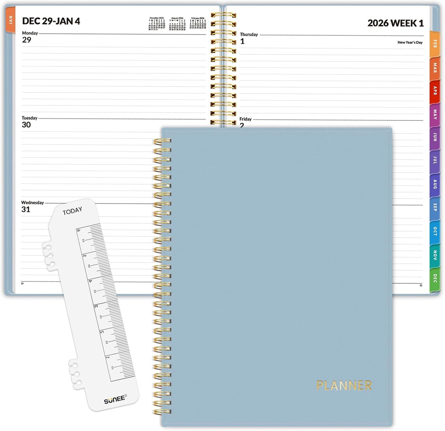 SUNEE 2026 Weekly and Monthly Planner - from January 2026 - December 2026, 8.5"x11" Daily Agenda Planner with Monthly Tab, Flexible Cover, Note Pages, Pockets, Bookmark, Spiral Binding, Gray Blue