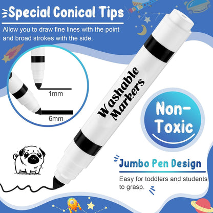 Janlaugh 60 Pcs Black Washable Markers Bulk Coloring Broad Line Markers for Kids Conical Tip Black Drawing Pens for Classroom Back to School Travel Art Baby Shower Gender Reveal Supplies, Ages 6+