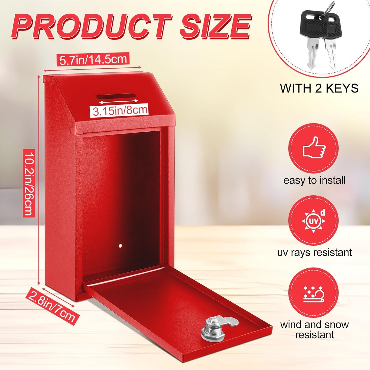 Metal Donation Cash Box Collection Safe Suggestion Box with Lock Wall Mounted Mailbox Delivery Ballot Container for Home Office Outdoor Door(Red)