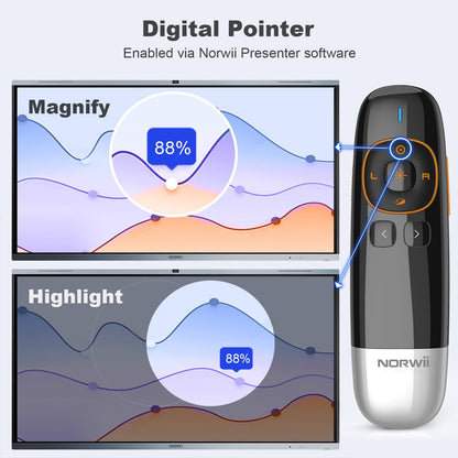 Norwii N86s Ergonomic Wireless Presenter Clicker for LED LCD TV Screen with Digital Pointer, Air Mouse Presentation Clicker for PowerPoint, Presenter clicker with Highlighting Magnify -50M