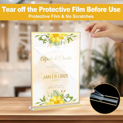 EHWINE 8 Pack Acrylic Sign Holder 8.5 x 11, Double-Sided Tabletop Gold Sign Holder, Clear Acrylic Picture Frame Menu Flyer Paper Holder Display Stand for Home Wedding Party (with Non-Slip Pads)