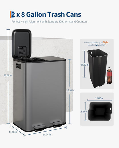 GarveeHome 2 x 8 Gallon Stainless Steel Double Trash Can with Lid for Kitchen, Large Dual Trash and Recycle Bin Combo, Step-on Kitchen Metal Garbage Cans, PP Inner Buckets, Liner Rim, Matte Grey