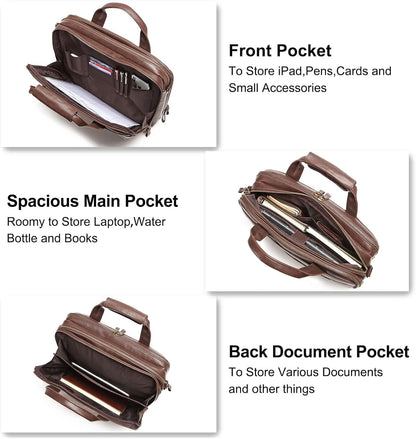 Leather Briefcases for Men 15.6 Inch Laptop Messenger Bag with Triple Compartments Water-Resistant Computer Shoulder Bag for Business, Travel, Work, Office, Brown