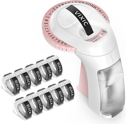 Embossing Label Maker Machine with Tapes, Vintage Embossed Label Maker, Retro Embossing Machine with 10 Rolls 9mm 3D Embossing Label Tapes for Home Office Kids DIY Crafting School, Pink