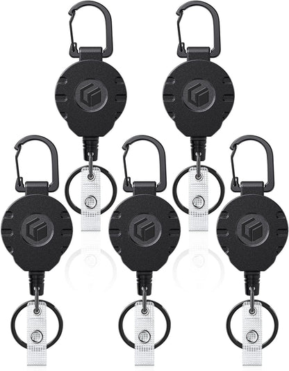 Uniclife 5 Pack Retractable Keychain Heavy Duty Carabiner Badge Holder Tactical ID Badge Reel for up to 8 oz with Stainless Steel 31.5 Inch Steel Wire Rope Retractable Lanyard Clip and Key Ring