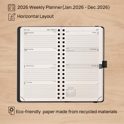 POPRUN 2026 Recycled Weekly Planner 12 Months Pocket Size (3.5'' x 6.5'') - Spiral Calendar Weekly and Monthly for Purse, with Italian Regenrated Leather, Pen Holder - Desert Brown