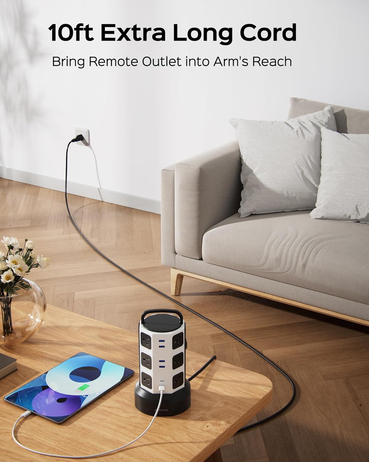 【10ft】 Power Strip Tower JACKYLED Surge Protector Electric Charging Station with 13A 12 Outlets 6 USB Ports Heavy Duty Extension Cord for Home Office Computer Nightstand Laptop Phone White Black