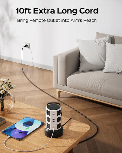 【10ft】 Power Strip Tower JACKYLED Surge Protector Electric Charging Station with 13A 12 Outlets 6 USB Ports Heavy Duty Extension Cord for Home Office Computer Nightstand Laptop Phone White Black