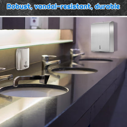 2 Pcs Commercial Soap Dispenser and Paper Towel Dispenser Set with Lock-Stainless Steel,Wall Mount,Large Capacity Manual Liquid Pump Rust Proof Leak Free for Commercial Home Bathroom