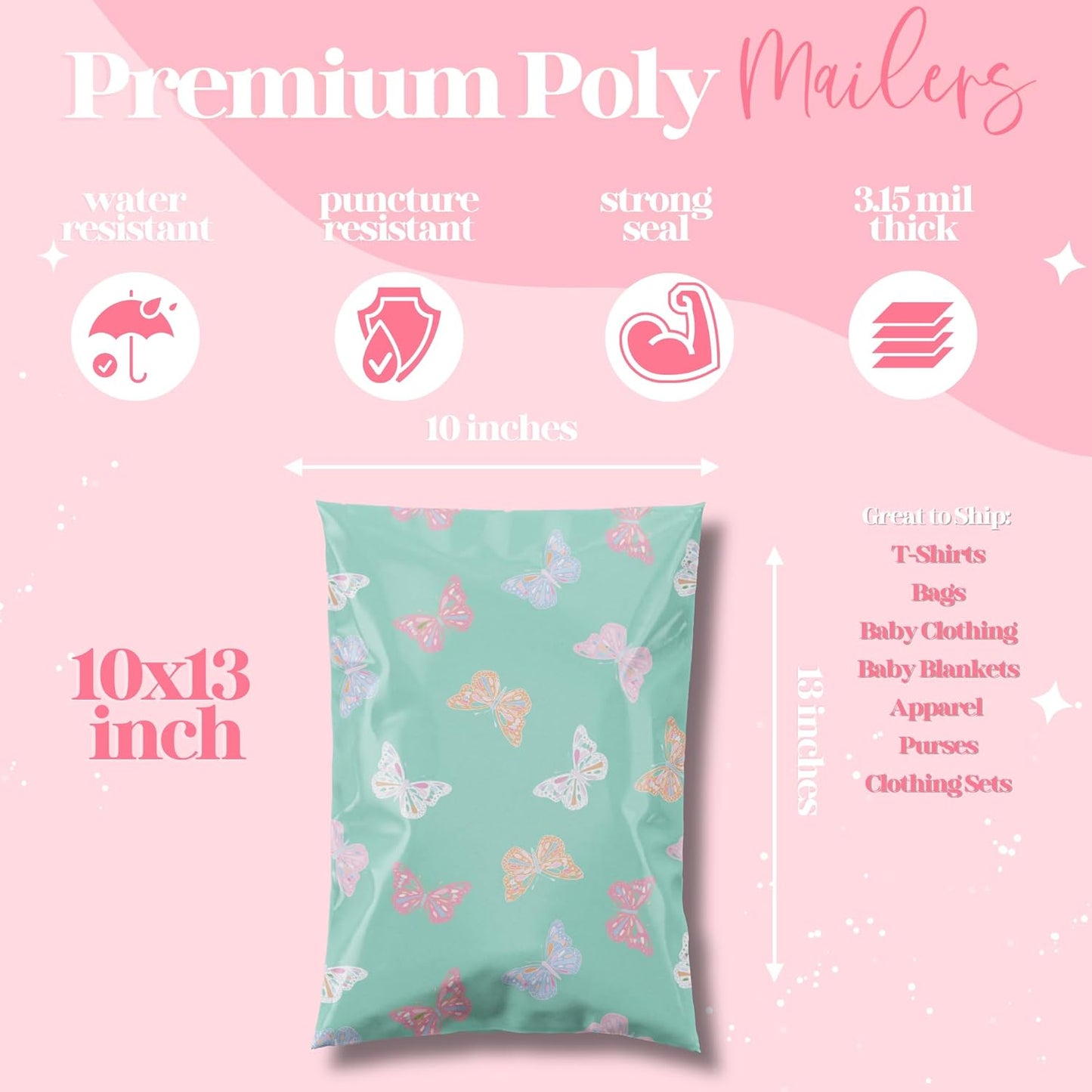 10x13 Designer Poly Mailer 100 Pack Heavy Duty Waterproof Self Seal Shipping Bags for Small Business Large Mailing Envelopes Bulk Tear Resistant Packaging Butterfly