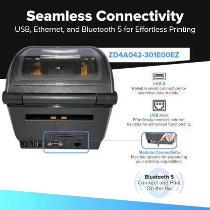Zebra ZD421 Thermal Transfer Desktop Printer 203 dpi Print Width 4-inch USB Ethernet ZD4A042-301E00EZ | Includes Jetset Software