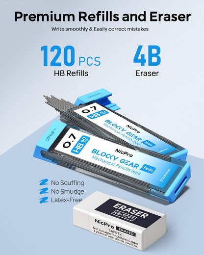 Nicpro Blocky Gear 0.7 mm Mechanical Pencils Set in Case, Metal Pencil with Lead Refills, Eraser for Professional & Adult Art Writing Drafting Drawing