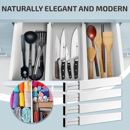4 Pack Bamboo Drawer Dividers, Adjustable Length from 12 Inch to 17 Inch, Expandable Kitchen Drawer Organizer, Drawer Organization Separators for Clothes, Kitchen, Bedroom, Dresser, Office (White)