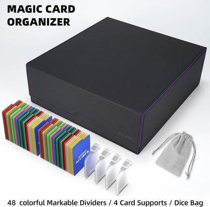 AFIING Trading Card Storage Box, MTG Deck Box with 48 Dividers & Supporters, Commander Card Deck Case Fits for Magic Game Cards, YugiOh, TCG, baseball and Sport Cards, Black Purple 3200+