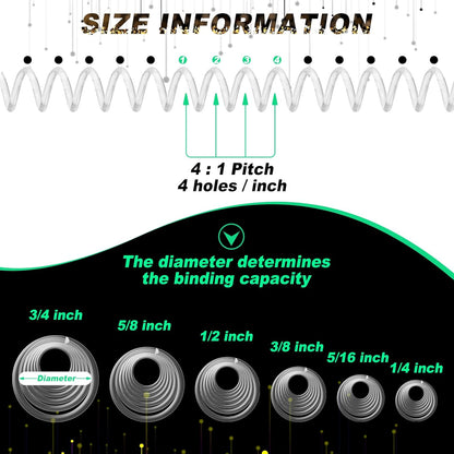 Leinuosen 120 Pack Plastic Spiral Binding Coils Kit Spirals Multi Size Coils for Binding Binder Combs Spines(1/4 5/16 3/8 1/2 5/8 3/4 Inch,Transparent)