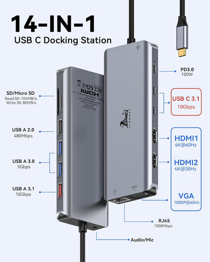 USB C Docking Station Dual Monitor for Laptop, LIONWEI 14-in-1 USB-C Hub with Triple Display, 2 HDMI + VGA, Ethernet, 6 USB A/C 3.0/2.0, PD, SD/TF, Audio, USBC Dock for Surface/HP/Dell/Lenovo/MacBook