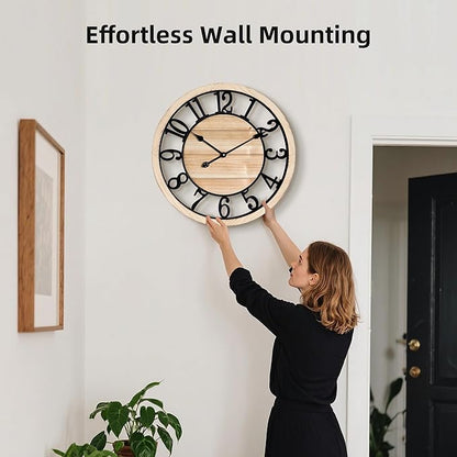 Maxstar 24'' Wall Clock for Living Room Decor, Ultra-Silent Rustic Wooden Farmhouse Wall Clock with Metal & Real Wood Frame, Battery Operated, for Kitchen Bedroom Office, Arabic Numerals
