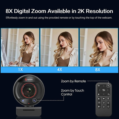 Angetube AI Webcam for PC - 1080p/2K@60FPS HD Web Camera with Remote Control, 8X Digital Zoom Webcam, Privacy Cover, TOF Auto Focus, HDR, USB 3.0 Web Cam Work with Zoom, Skype,Teams, Windows,Mac