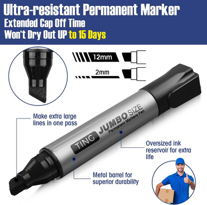 Fuutreo 10 Pack Jumbo Permanent Markers Bulk Large Chisel Tip Permanent Markers Quick Drying Waterproof Big Huge Poster Pens for Office, Logistics Company and More(Black)