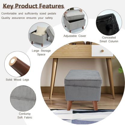 Storage Ottoman with Adjustable Lid, Soft Step Stool, Footrest and Seat, Ottoman Foot Rest for Living Room, Bedroom, Dorm, Light Gray