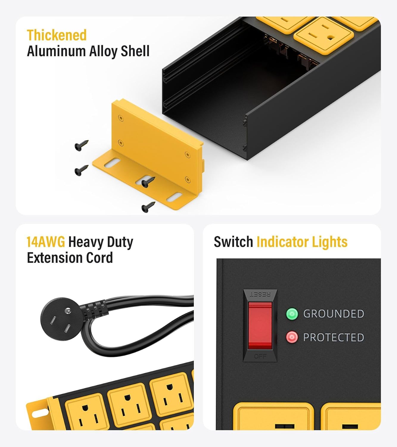HHSOET 2 Pack Heavy Duty Power Strip 8 Outlets, Metal Wall Mount Outlet Strip 4800J Surge Protector, Garage Shop Under Desk Mountable 6FT Extension Cord Plug, ETL Listed
