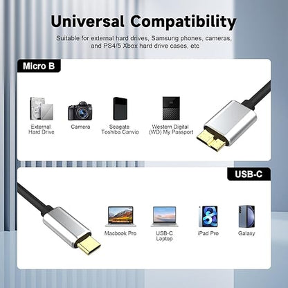 USB C External Hard Drive Cable, 5Gbps USB C to Micro B Cord Wire for Seagate Toshiba Canvio, WD My Passport LaCie PS5 Game Drive Camera Compatible with iPhone 15,16, MacBook Pro/Air Tablet