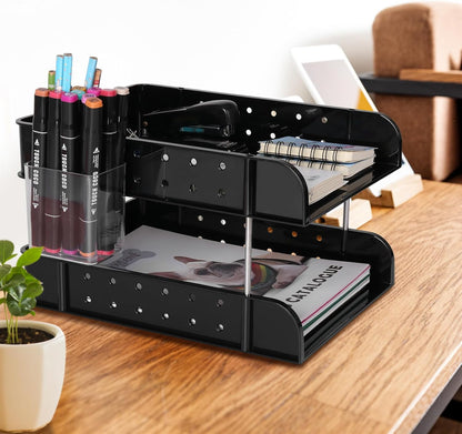 Stackable Letter Tray Papers Organizers, A4 Size Desk Organizer Tray for Letter Paper Stationery Desk Accessories, Plastic Black Paper Holder File Organizer for Office, School, Home (Dark Black)