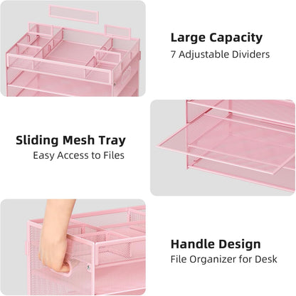 Marbrasse 5-Tier Letter Tray Paper Organizer with Handle, Multi-Functional Mesh File Organizer for Desk, Adjustable Compartments Mesh Desktop Storage for Office Supplies, Pink