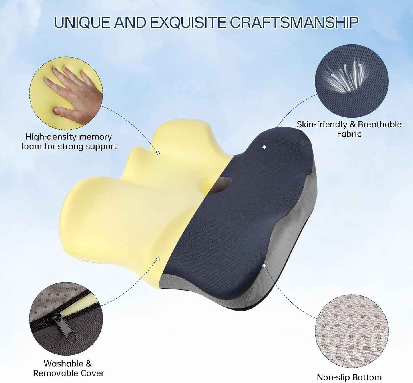 Seat Cushion, X-Large Memory Foam Office Chair Cushion, for Pressure Relief Sciatica & Pain Relief for Long Sitting Hours on Office/Home Chair, Car (Blue)