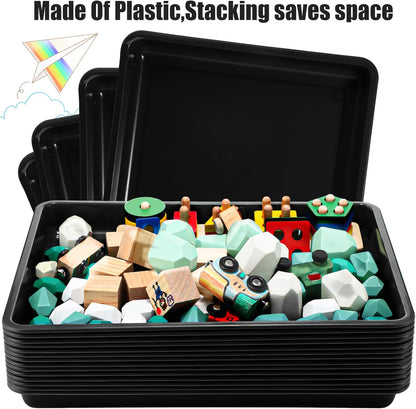 Maitys 15 Pcs Flat Plastic Trays 16.1 x 11.8'' Sensory Storage Tray Paper Stackable Classroom Bins for Office Home Organizer Arts and Crafts Supplies(Black)
