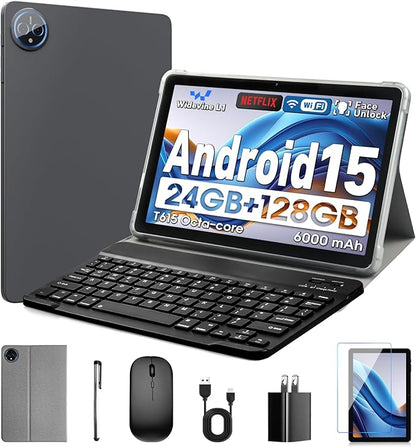 10 Inch Tablet, Android 15 with 24GB RAM + 128GB ROM (1TB Expandable), Octa-Core, 1280x800 IPS HD Touchscreen, 5MP+8MP Dual Camera, 6000mAh, Tablet with Keyboard, Mouse, Widevine L1(Gray)