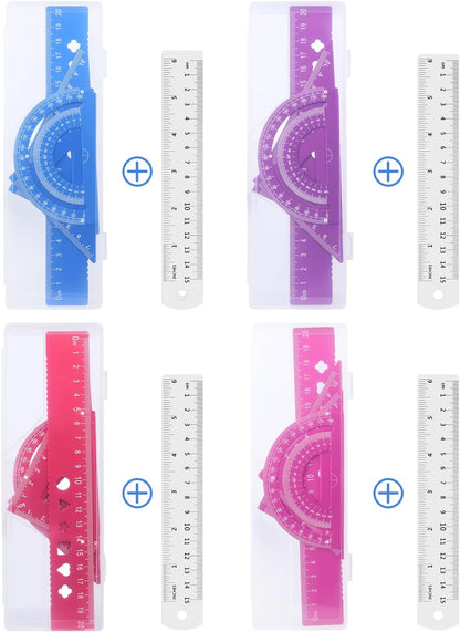 Honagu Triangular Ruler Set, 4+1Pieces Aluminum Alloy Ruler, Metal Drafting Ruler, Geometric Protractor for Students, School Office Supplies (Pink, 20cm)