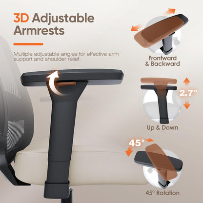 Ergonomic Office Chair, Mesh Computer Desk Chairs with Adjustable Lumbar Support, 3D Armrests, Tilt Function, Comfy Wide Seat, Swivel Executive Work Task Chair for Company and Home