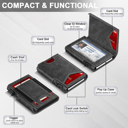 Wallet for Men Wallet with Slim Pop Up Card Holder 9-13 Cards, Bifold Minimalist Smart Wallet RFID Blocking Credit Card Holder with ID Window & Stretchable Cash Slot Compact Metal Aluminum Card Case