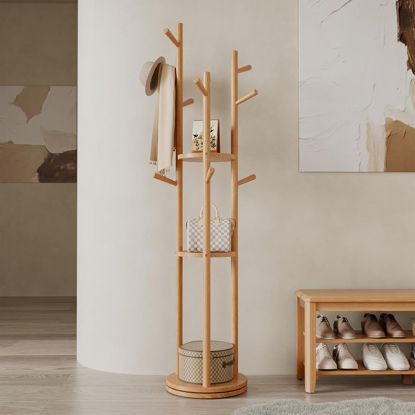 Solid Wood Rotary Coat Rack, Freestanding Coat Rack with 3 Shelves and 9 Hooks, Coat tree for Bedroom, Entryway, Livingroom, Coat Hanger Stand for Coats, Scarves, Handbags (Natural)