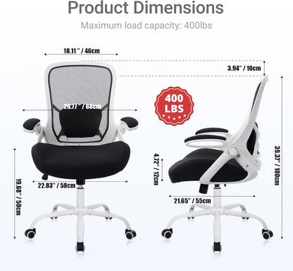 HYLONE 400lbs Heavy Duty Office Chair, 5" Thickened Seat Ergonomic Desk Chair with Adjustable Armrests, Home Office Computer Chairs for Long Hours Mesh Executive Chair(White Base&Black)