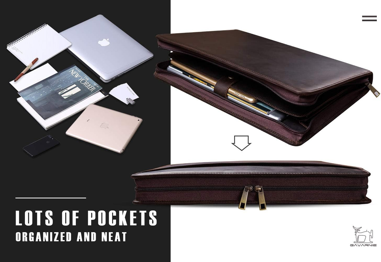 Genuine Leather Business Portfolio Padfolio Folder with Zipper for Men, Men's Leather Padfolio Folder for 13" Laptop, Business Portfolio with Letter Size Notepad, Graduation Gift，Dark Brown