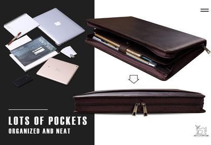 Genuine Leather Business Portfolio Padfolio Folder with Zipper for Men, Men's Leather Padfolio Folder for 13" Laptop, Business Portfolio with Letter Size Notepad, Graduation Gift，Dark Brown