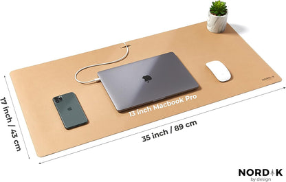 Nordik Leather Desk Mat Cable Organizer - Champagne Beige 35 X 17 inch - Premium Extended Mouse Mat for Home Office Accessories - Non-Slip Vegan Leather Desk Pad Protector & Desk Blotter Pad