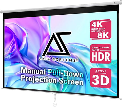 Akia Screens 110 inch Pull Down Projector Screen Manual B 16:9 8K 4K HD 3D Ceiling Wall Mount White Portable Projection Screen Retractable Auto Locking for Indoor Movie Home Theater Office AK-M110H1