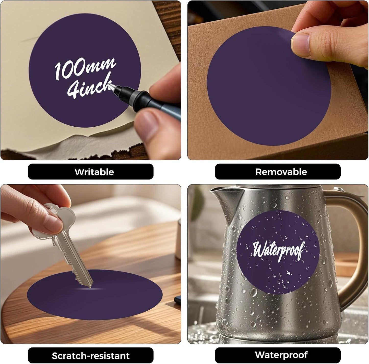 300 PCS Round Stickers 4 Inch Purple Vinyl Circle Floor Dots Sticker Removable Self-Adhesive Colored Large Label Roll for Marking Inventory Organizing Classroom Line Up Spots