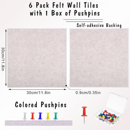 Large Cork Board 36" x 24", 6 Pack Felt Wall Tiles with Colored Pushpins, Bulletin Board with Removable Self-Adhesive Strips, Pin Boards Cork Boards for Walls Office Home-Light Tan