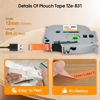 BOYEEZON 4-Pack Compatible with Brother P Touch TZe-B31 Label Maker Refills, TZ Tape 12mm 0.47 Laminated Tape for Brother PTD210 PTD220 PTD400 PTD400AD PTD600, Black on Orange Fluorescent