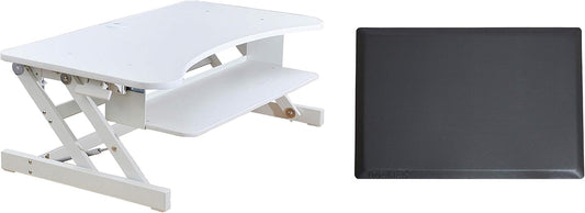Rocelco 37.5" Deluxe Height Adjustable Standing Desk Converter with Anti Fatigue Mat BUNDLE - Quick Sit Stand Up Computer Workstation Riser - Large Retractable Keyboard Tray - White (R DADRW-MAFM)