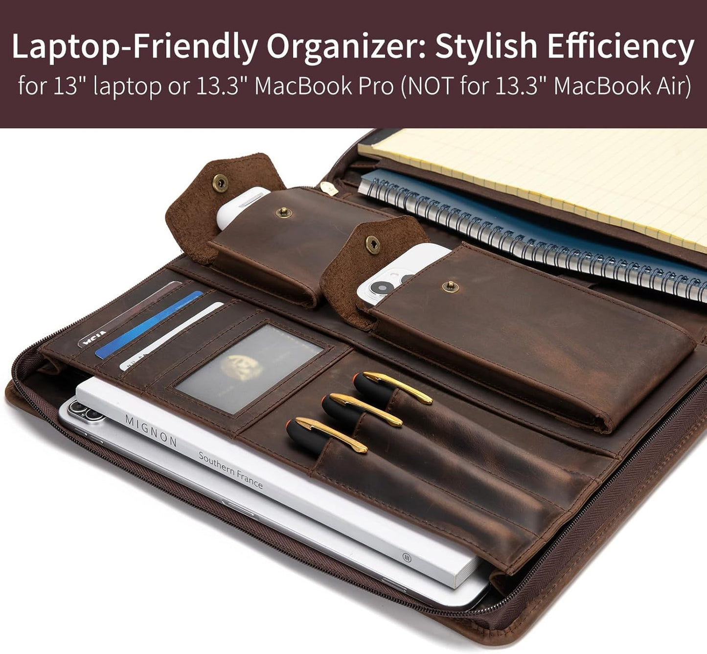 Genuine Leather Portfolio with Hidden Handle, Zippered Front Pocket, Business Padfolio for Men and Women, 8.5 x 11 Legal Pad Notebook Holder, Office Letter Notepad Folio, Dark Khaki