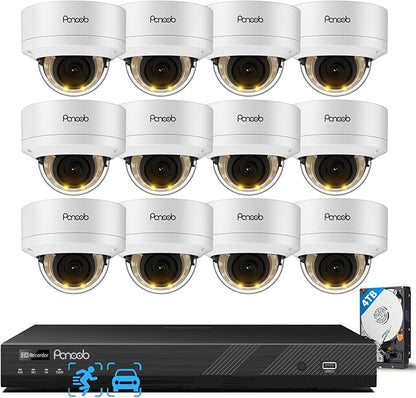 16 Channel Security Camera System, 12x 5MP Wired IK-10 Vandal Dome PoE Camera Outdoor, Human Vehicle Detection, Smart Color Night Vision, 2 Way Audio, NVR 4TB HDD, 24-7 Recording, PD54Y1216-5M