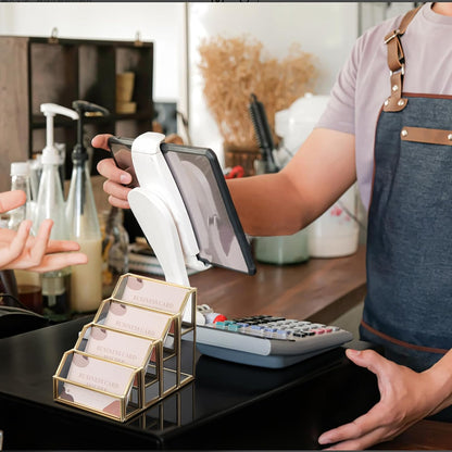 Hipiwe 4 Slots Glass Business Card Holder for Desktop, Gold Mirrored Business Card Display Stand, Multiple Clear Business Name Card Organizer Holder for Office Exhibition