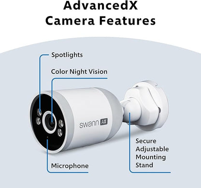 Swann AdvancedX Wired NVR 4K Security Camera System, 8 Channels, 8 PoE Cameras Outdoor, 1TB HDD Storage, Color Night Vision, Smart AI Video Analytics/Alerts, Advanced Motion Detection, 24/7 Recording