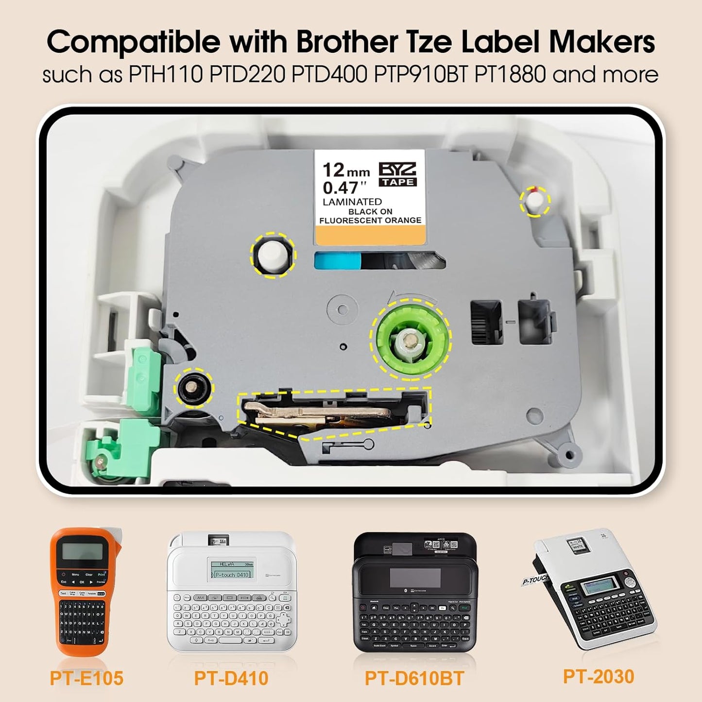 BOYEEZON 4-Pack Compatible with Brother P Touch TZe-B31 Label Maker Refills, TZ Tape 12mm 0.47 Laminated Tape for Brother PTD210 PTD220 PTD400 PTD400AD PTD600, Black on Orange Fluorescent